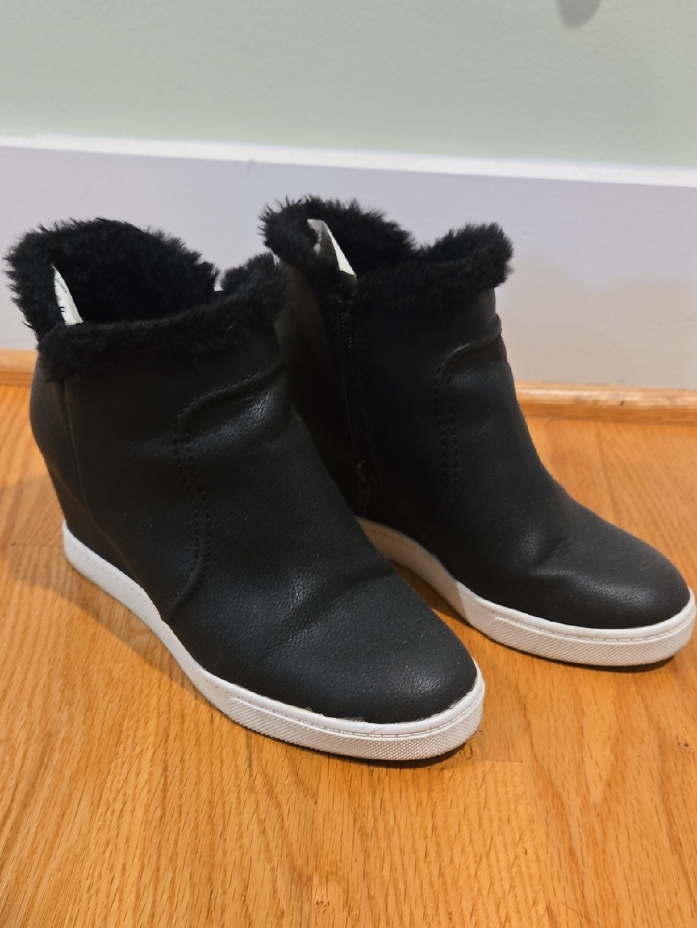 Ana Brand  Black Faux Fur Trim Wedge Ankle Boots with White Soles